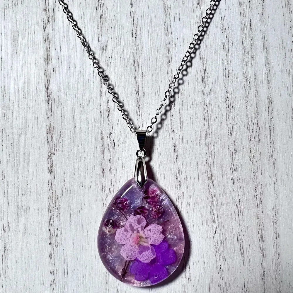 Colorful Pressed Flower Lavender Teardrop Pendant Necklace Resin 18